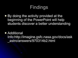 Findings By doing the activity provided at the beginning of the PowerPoint will help students discover a better understanding Additional Info:http://imagine.gsfc.nasa.gov/docs/ask_astro/answers/970314b2.html 