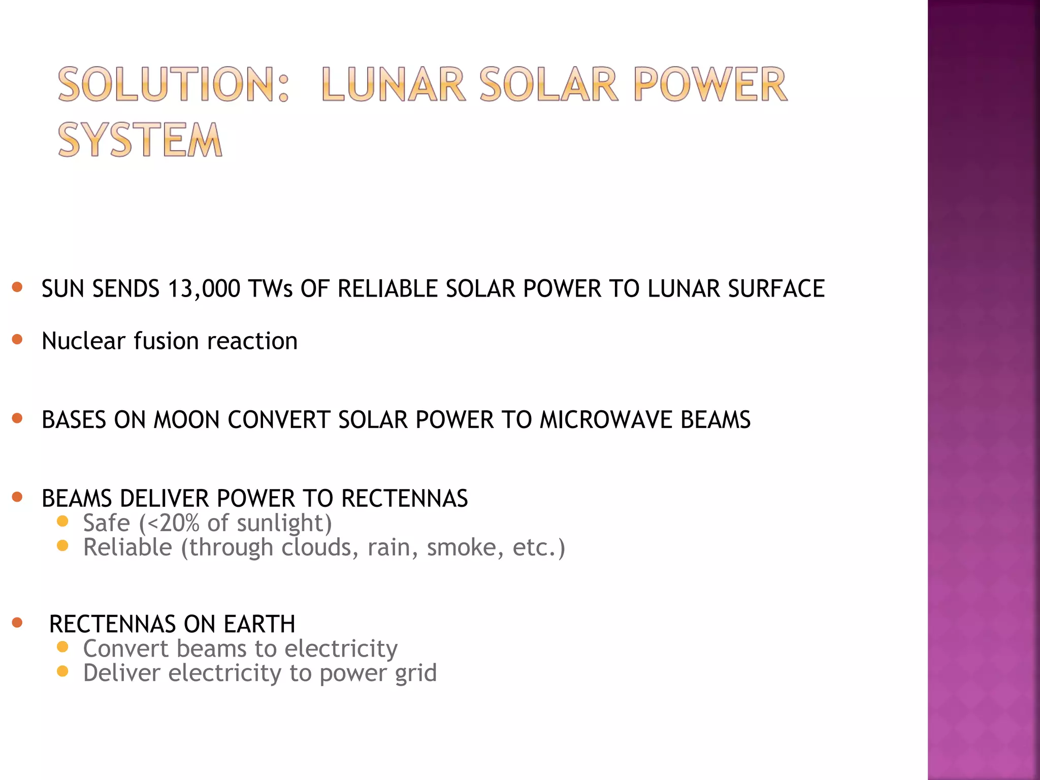 

SUN SENDS 13,000 TWs OF RELIABLE SOLAR POWER TO LUNAR SURFACE



Nuclear fusion reaction



BASES ON MOON CONVERT SOLAR POWER TO MICROWAVE BEAMS



BEAMS DELIVER POWER TO RECTENNAS
 Safe (<20% of sunlight)
 Reliable (through clouds, rain, smoke, etc.)



RECTENNAS ON EARTH
 Convert beams to electricity
 Deliver electricity to power grid

 