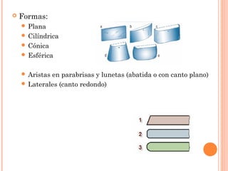 Formas: 
 Plana 
 Cilíndrica 
 Cónica 
 Esférica 
 Aristas en parabrisas y lunetas (abatida o con canto plano) 
 Laterales (canto redondo) 
 