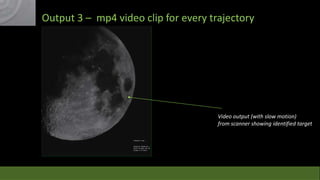 Output 3 – mp4 video clip for every trajectory

Video output (with slow motion)
from scanner showing identified target

 