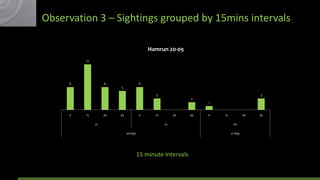 Observation 3 – Sightings grouped by 15mins intervals
Hamrun 20-09
12

6

6

6
5
3

3
2
1

0

15

30

45

0

22

15

30
23

20-Sep

45

0

15

30
00

21-Sep

15 minute intervals

45

 