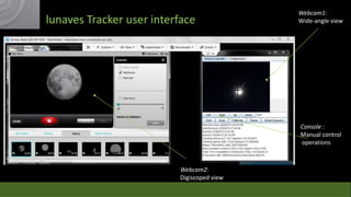 lunaves Tracker user interface

Webcam1:
Wide-angle view

Console :
Manual control
operations

Webcam2:
Digiscoped view

 
