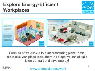 18
Explore Energy-Efficient
Workplaces
www.energystar.gov/work
From an office cubicle to a manufacturing plant, these
interactive workplace tools show the steps we can all take
to do our part and save energy!
 