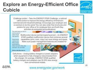 20
Explore an Energy-Efficient Office
Cubicle
www.energystar.gov/work
Cell phone – Unplug battery chargers or power adapters
when equipment is fully charged or disconnected from
the charger. On average, ENERGY STAR qualified
battery chargers and adapters use 30-35% less energy
than conventional models.
Challenge poster – Take the ENERGY STAR Challenge, a national
call-to-action to improve the energy efficiency of America’s
commercial and industrial buildings. Encourage your employer and
co-workers to do the same! You can also order free brochures and
posters for your office or for employee fairs and Earth Day
activities at energystar.gov/publications.
Multifunction device (printer/copier/scanner) – An ENERGY
STAR qualified multifunction device that combines several
capabilities (print, scan, copy) can save energy and space.
Make sure power management features are enabled for
additional savings.
20
 