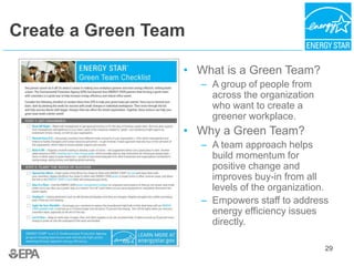 29
Create a Green Team
• What is a Green Team?
– A group of people from
across the organization
who want to create a
greener workplace.
• Why a Green Team?
– A team approach helps
build momentum for
positive change and
improves buy-in from all
levels of the organization.
– Empowers staff to address
energy efficiency issues
directly.
 