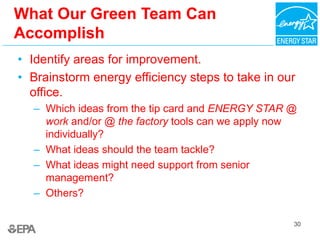 30
What Our Green Team Can
Accomplish
• Identify areas for improvement.
• Brainstorm energy efficiency steps to take in our
office.
– Which ideas from the tip card and ENERGY STAR @
work and/or @ the factory tools can we apply now
individually?
– What ideas should the team tackle?
– What ideas might need support from senior
management?
– Others?
 