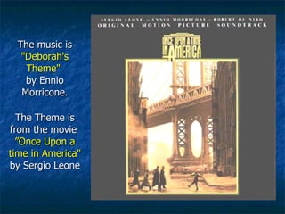 The music is  "Deborah's Theme"  by Ennio Morricone. The Theme is from the movie  ”Once Upon a time in America"  by Sergio Leone 