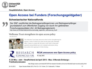 Hauptbibliothek, Open Access
17
Open Access bei Funders (Forschungsgeldgeber)
Schweizerischer Nationalfonds
„Der SNF verpflichtet die Beitragsempfängerinnen und Beitragsempfänger
grundsätzlich zum öffentlichen Zugang von durch ihn geförderten
Forschungsresultaten (Art. 44 Beitragsreglement).
http://www.snf.ch/SiteCollectionDocuments/allg_reglement_valorisierung_d.pdf
£ 2.8 Mia. / Jahr - Verpflichtend ab April 2013 - Max. 6 Monate Embargo -
Publikationskosten
http://blogs.nature.com/news/2012/07/uk-research-funders-announce-liberated-open-access-policy.html
24.10.2012 Open Access Week 2012, Prof. Dr. Ch. Fuhrer, Ch. Gutknecht, F. Moser
 