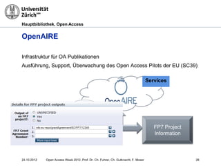 Hauptbibliothek, Open Access
OpenAIRE
Open Access repositories FP7 Project
Information
Services
Infrastruktur für OA Publikationen
Ausführung, Support, Überwachung des Open Access Pilots der EU (SC39)
2624.10.2012 Open Access Week 2012, Prof. Dr. Ch. Fuhrer, Ch. Gutknecht, F. Moser
 