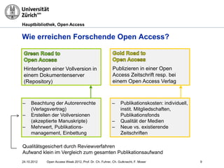 Hauptbibliothek, Open Access
Wie erreichen Forschende Open Access?
Hinterlegen einer Vollversion in
einem Dokumentenserver
(Repository)
Publizieren in einer Open
Access Zeitschrift resp. bei
einem Open Access Verlag
– Beachtung der Autorenrechte
(Verlagsvertrag)
– Erstellen der Vollversionen
(akzeptierte Manuskripte)
– Mehrwert, Publikations-
management, Einbettung
– Publikationskosten: individuell,
instit. Mitgliedschaften,
Publikationsfonds
– Qualität der Medien
– Neue vs. existierende
Zeitschriften
24.10.2012 9
Qualitätsgesichert durch Reviewverfahren
Aufwand klein im Vergleich zum gesamten Publikationsaufwand
Open Access Week 2012, Prof. Dr. Ch. Fuhrer, Ch. Gutknecht, F. Moser
 