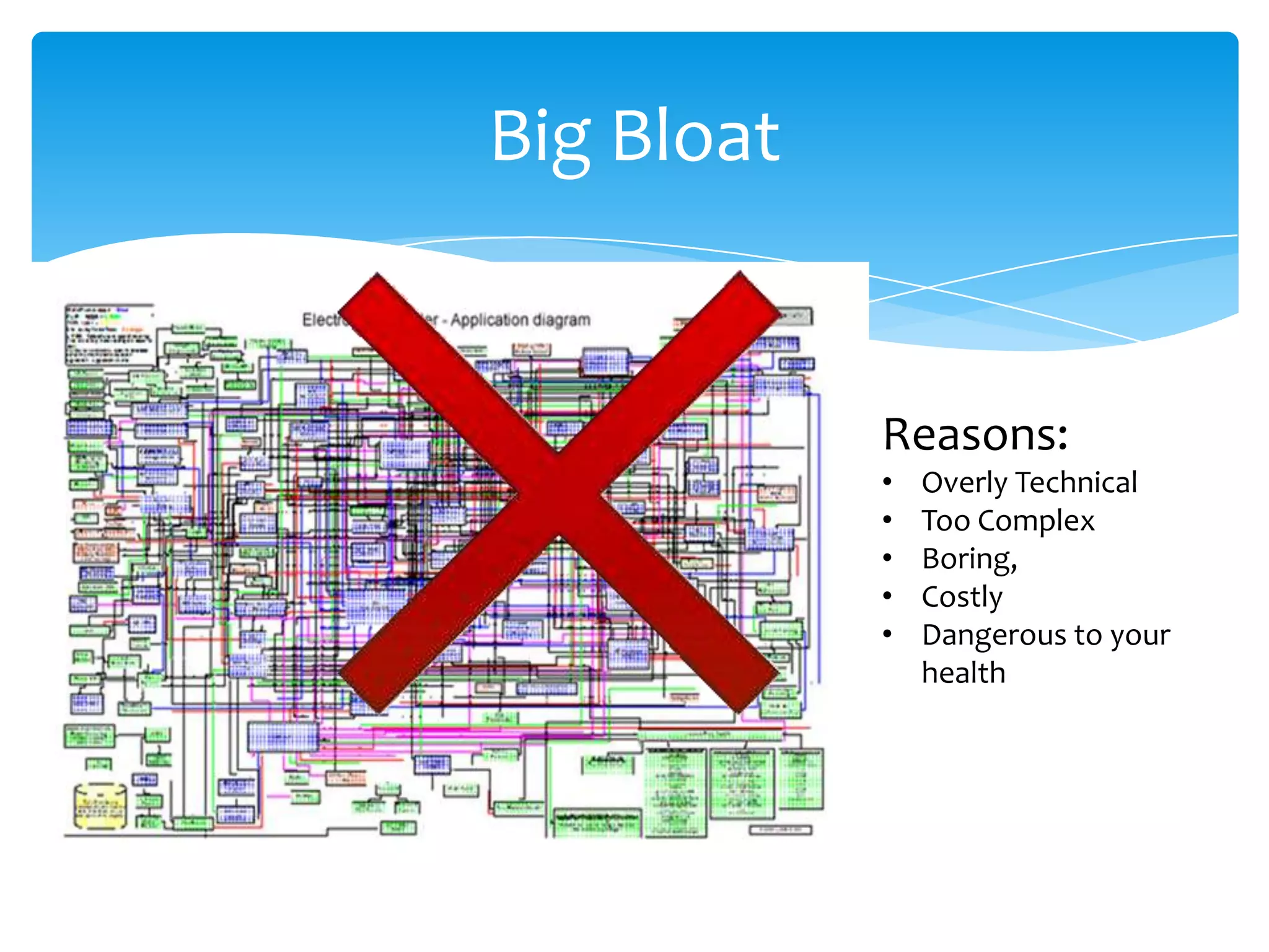 Big Bloat


            Reasons:
            •   Overly Technical
            •   Too Complex
            •   Boring,
            •   Costly
            •   Dangerous to your
                health
 