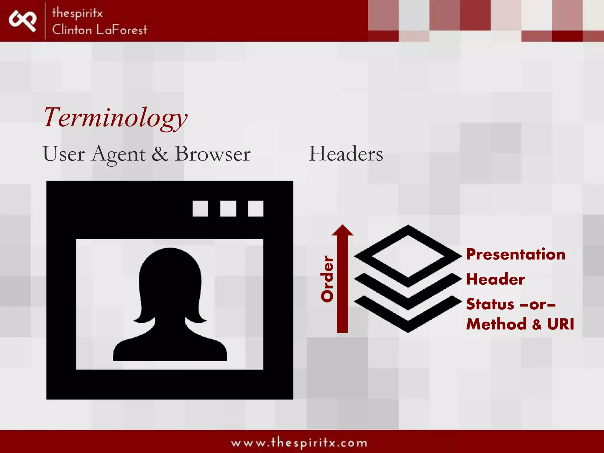 Terminology User Agent & Browser Headers Presentation Header Status –or– Method & URI Order