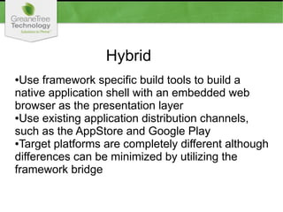 Hybrid
●Use framework specific build tools to build a
native application shell with an embedded web
browser as the presentation layer
●Use existing application distribution channels,
such as the AppStore and Google Play
●Target platforms are completely different although
differences can be minimized by utilizing the
framework bridge
 