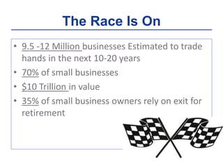 The Race Is On
• 9.5 -12 Million businesses Estimated to trade
hands in the next 10-20 years
• 70% of small businesses
• $...