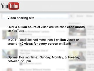 • Video sharing site


• Over 3 billion hours of video are watched each month
 on YouTube

• In 2011, YouTube had more than 1 trillion views or
 around 140 views for every person on Earth



• Optimal Posting Time: Sunday, Monday, & Tuesday,
 between 7-10pm
 