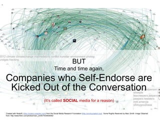.




                                                                                  BUT
                                                             Time and time again,

    Companies who Self-Endorse are
     Kicked Out of the Conversation
                                                 (It’s called SOCIAL media for a reason)


    Created with NodeXL (http://nodexl.codeplex.xom) from the Social Media Research Foundation (http://smrfoundation.org). Some Roghts Reserved by Marc Smith. Image Obtained
    from: http://www.flickr.com/photos/marc_smith/7435405092/
 