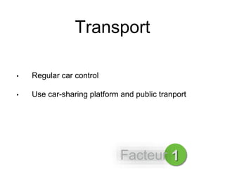 Transport
• Regular car control
• Use car-sharing platform and public tranport
1Facteur
 