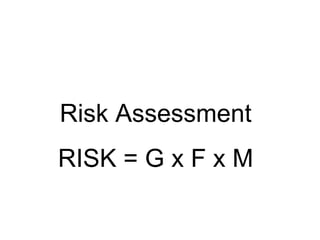 Risk Assessment
RISK = G x F x M
 