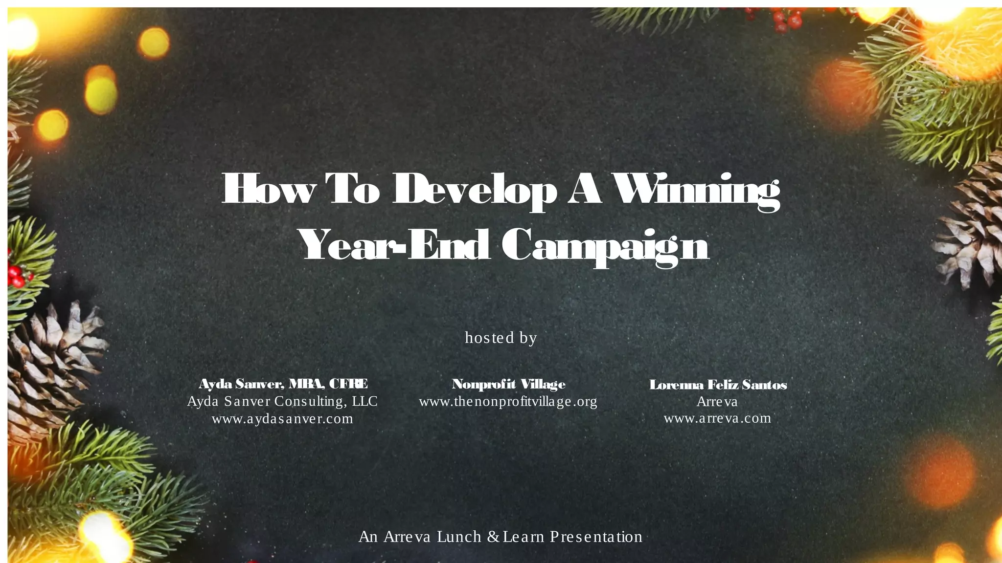 Ayda Sanver, MBA, CFRE
Ayda Sanver Consulting, LLC
www.aydasanver.com
hosted by
Lorenna Feliz Santos
Arreva
www.arreva.com
How To Develop A Winning
Year-End Campaign
An Arreva Lunch & Learn Presentation
Nonprofit Village
www.thenonprofitvillage.org
 