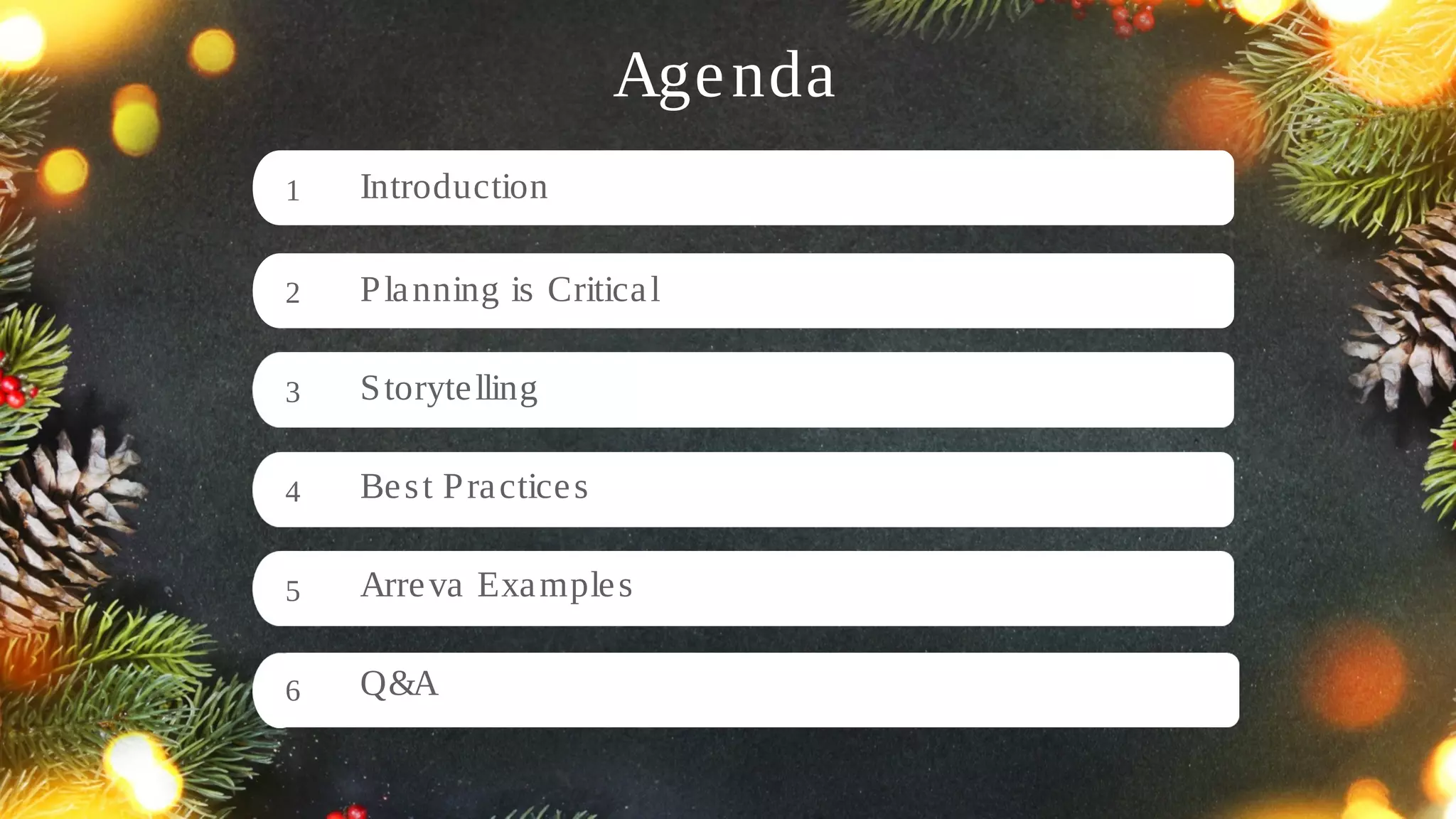 Agenda
1
5
3
4
2
6
Introduction
Planning is Critical
Storytelling
Best Practices
Arreva Examples
Q&A
 