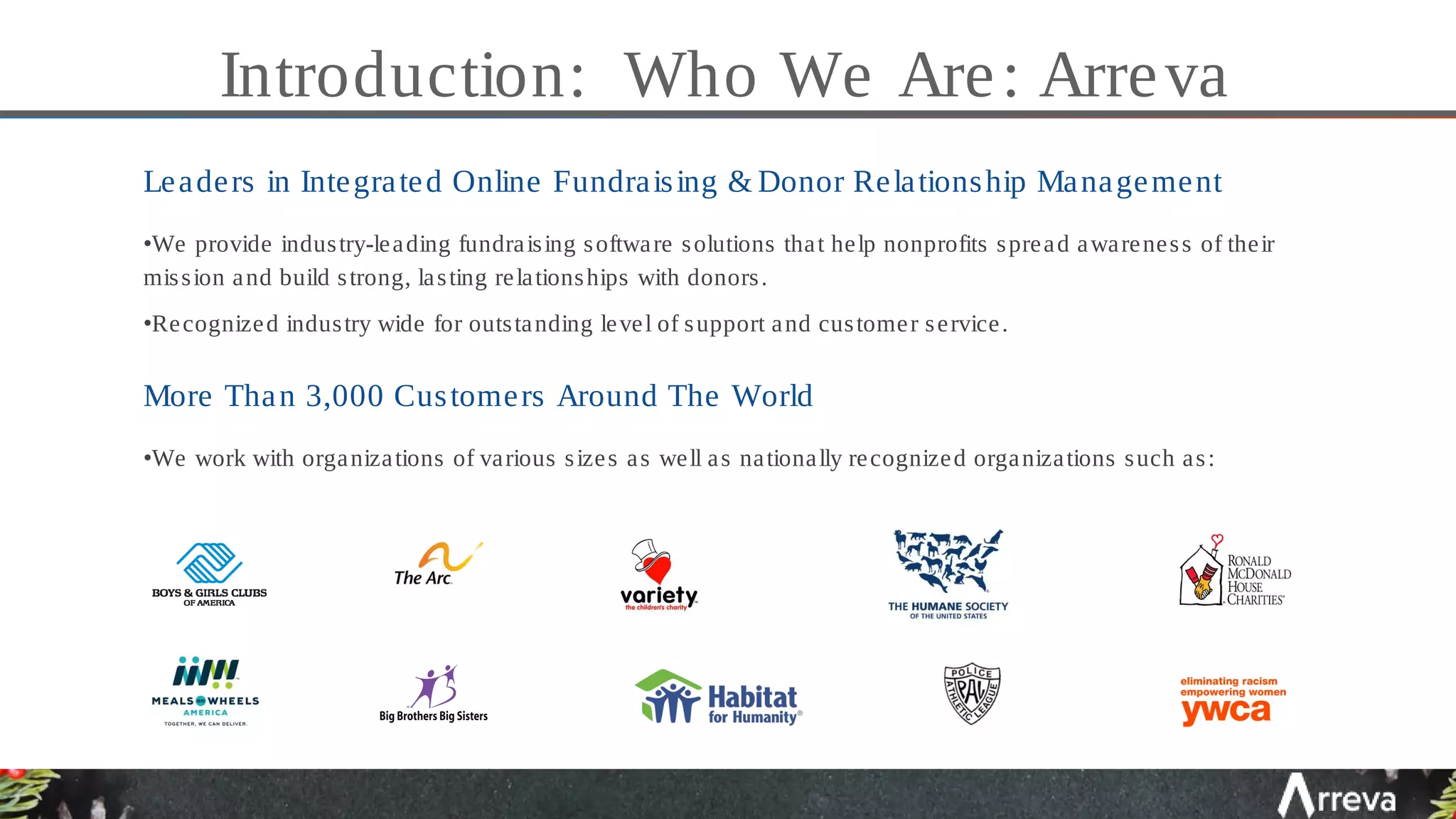 Introduction: Who We Are: Arreva
Leaders in Integrated Online Fundraising & Donor Relationship Management
•We provide industry-leading fundraising software solutions that help nonprofits spread awareness of their
mission and build strong, lasting relationships with donors.
•Recognized industry wide for outstanding level of support and customer service.
More Than 3,000 Customers Around The World
•We work with organizations of various sizes as well as nationally recognized organizations such as:
 