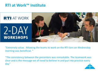 RTI at Work™ Institute
“Extremely value. Allowing the teams to work on the RTI tiers on Wednesday
morning was beneficial. “
“The consistency between the presenters was remarkable. The teamwork was
clear and is the message we all need to believe in and put into practice every
day.”
 