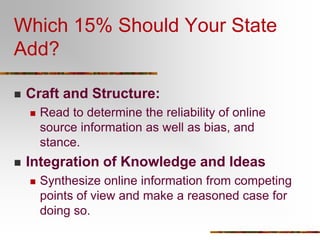 THE ORCA PROJECTA project designed to develop valid, reliable, and practical assessments of online reading comprehension.  CT, Maine, and NC. (IES, USDOE)Three formats:  Multiple Choice, Open Internet, Closed Simulated Internet