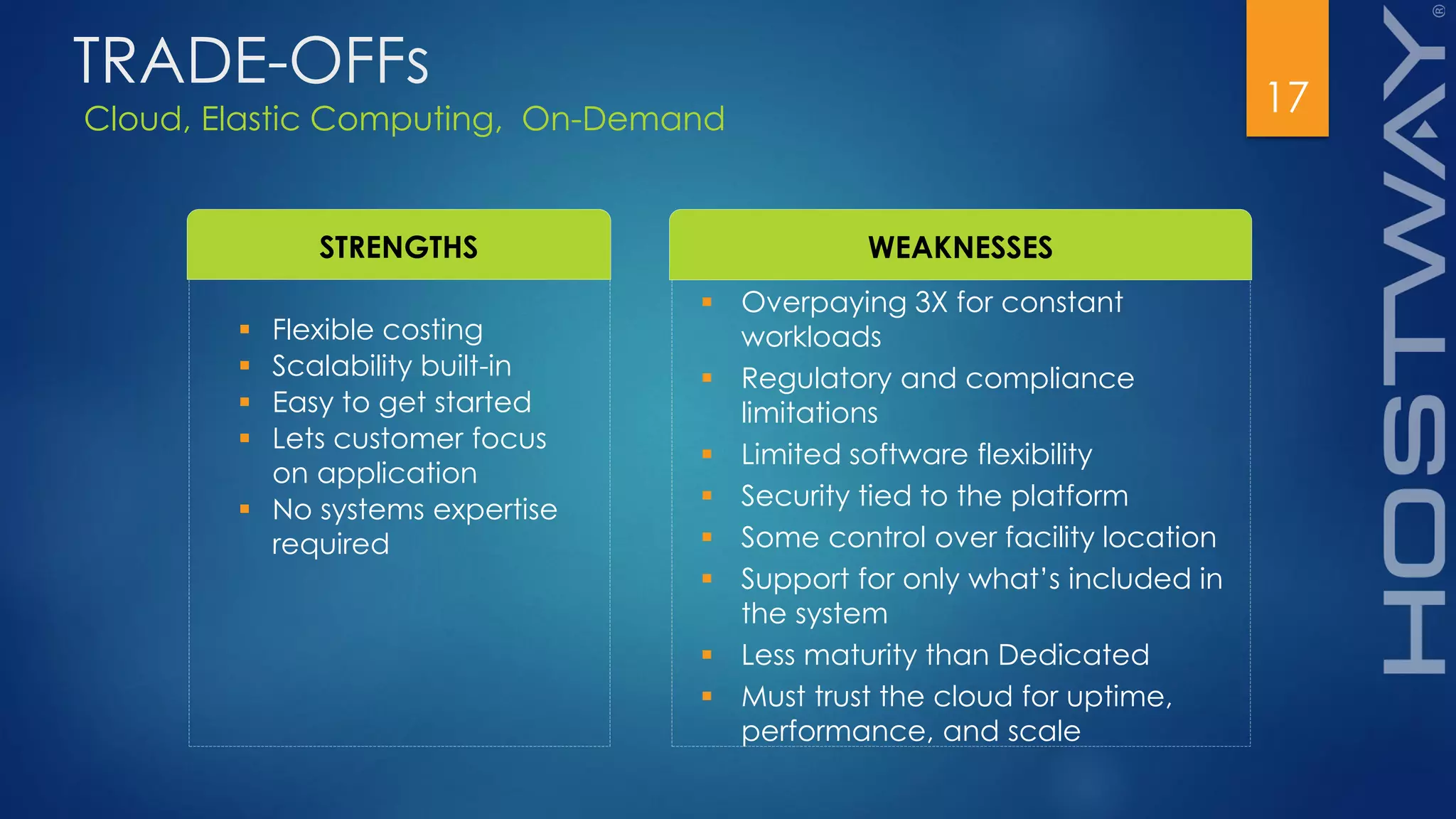 17
STRENGTHS WEAKNESSES
 Flexible costing
 Scalability built-in
 Easy to get started
 Lets customer focus
on application
 No systems expertise
required
 Overpaying 3X for constant
workloads
 Regulatory and compliance
limitations
 Limited software flexibility
 Security tied to the platform
 Some control over facility location
 Support for only what’s included in
the system
 Less maturity than Dedicated
 Must trust the cloud for uptime,
performance, and scale
Cloud, Elastic Computing, On-Demand
TRADE-OFFs
 