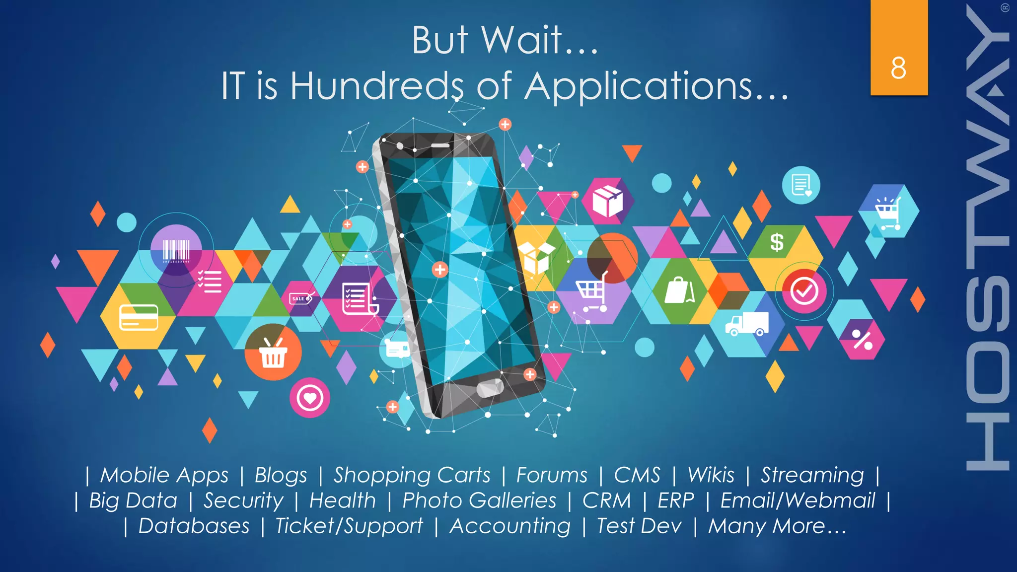 8
But Wait…
IT is Hundreds of Applications…
| Mobile Apps | Blogs | Shopping Carts | Forums | CMS | Wikis | Streaming |
| Big Data | Security | Health | Photo Galleries | CRM | ERP | Email/Webmail |
| Databases | Ticket/Support | Accounting | Test Dev | Many More…
 