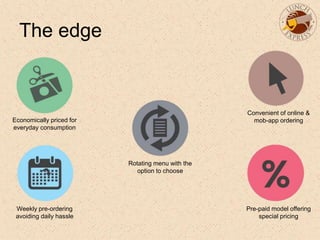 The edge
Economically priced for
everyday consumption
Weekly pre-ordering
avoiding daily hassle
Rotating menu with the
option to choose
Convenient of online &
mob-app ordering
Pre-paid model offering
special pricing
 