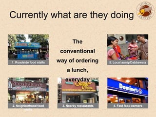 Currently what are they doing
The
conventional
way of ordering
a lunch,
everyday
1. Roadside food stalls
2. Neighborhood food
stalls
3. Nearby restaurants 4. Fast food corners
5. Local aunty/Dabbawala
 
