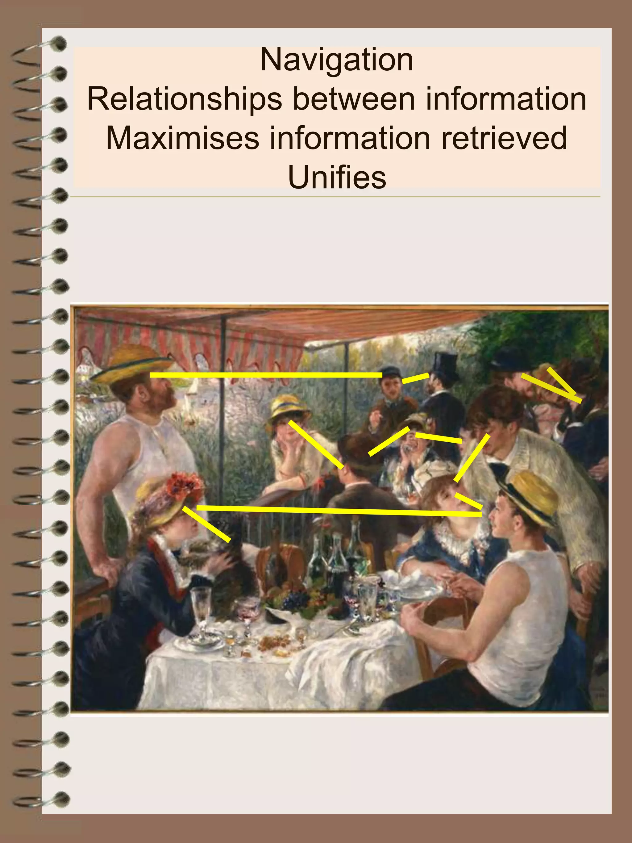 Navigation Relationships between informationMaximises information retrievedUnifies