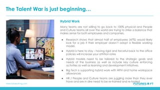 www.futuresoft-ng.com
Hybrid Work
Many teams are not willing to go back to 100% physical and People
and Culture teams all over the world are trying to strike a balance that
makes sense for both employees and companies.
● Research shows that almost half of employees (47%) would likely
look for a job if their employer doesn’t adopt a flexible working
model.
● Hybrid is here to stay - having rigid and forceful back to the office
policies will increase your attrition rates
● Hybrid models need to be tailored to the strategic goals and
needs of the business as well as include key culture enforcing
activities as well as learning and development initiatives.
● Big Tech is supporting hybrid work with WFH and home workspace
allowances
● HR / People and Culture teams are juggling more than they ever
have and are in dire need to be re-trained and re-tooled
The Talent War is just beginning…
 