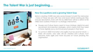 www.futuresoft-ng.com
New Occupations and a growing Talent Gap
Meta is creating 10,000 new jobs across Europe to build the metaverse
- many of these are jobs with new and never before existing job titles
and job descriptions. Even with this by 2030 there will be a deficit of 85
million tech workers if there isn’t a strategic intervention.
● People and Culture teams need to have strategic digital focused
recruitment and retention strategies, which means that they need
to have digitally savvy and future proof people in their team
● To survive in 2022 innovation and agility must be second nature →
Roles will evolve, new roles will be created and cultures must
become more agile and more focused on future proofing the
organisation
The Talent War is just beginning…
 