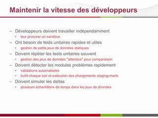 Maintenir la vitesse des développeurs
– Développeurs doivent travailler indépendamment
• leur procurer un sandbox
– Ont besoin de tests unitaires rapides et utiles
• gestion de petits jeux de données statiques
– Doivent répéter les tests unitaires souvent
• gestion des jeux de données "attendus" pour comparaison
– Doivent détecter les modules problèmes rapidement
• validations automatisées
• build chaque soir et exécution des chargements staging-marts
– Doivent simuler les deltas
• plusieurs échantillons de temps dans les jeux de données
 