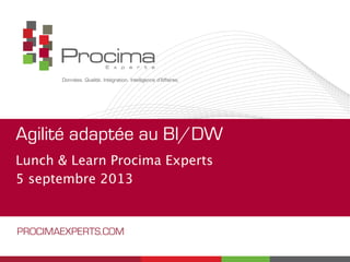Agilité adaptée au BI/DW
Lunch & Learn Procima Experts
5 septembre 2013
PROCIMAEXPERTS.COM
 