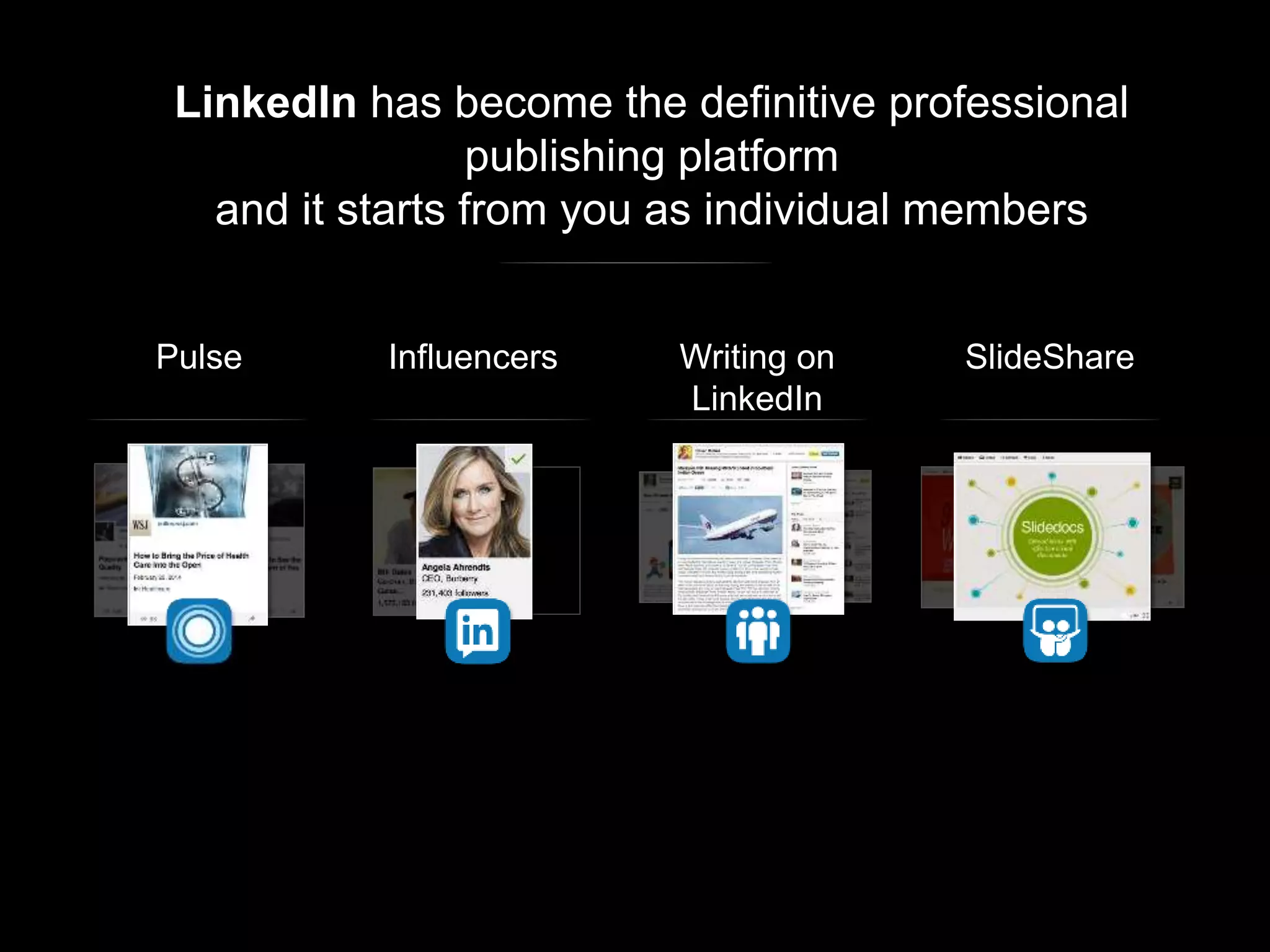 LinkedIn has become the definitive professional
publishing platform
and it starts from you as individual members
Pulse Influencers SlideShareWriting on
LinkedIn
 