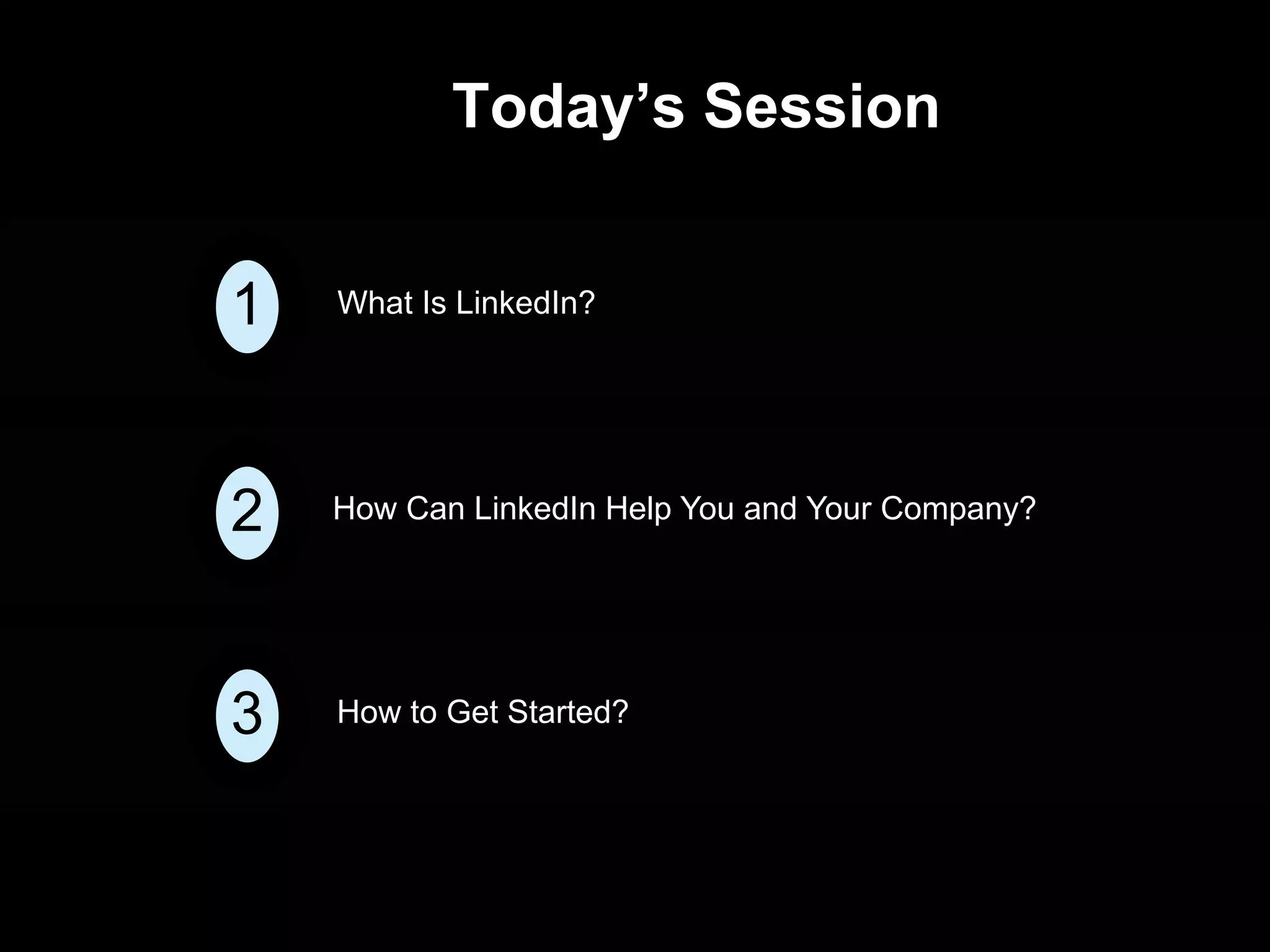 What Is LinkedIn?
How Can LinkedIn Help You and Your Company?
How to Get Started?
1
3
2
Today’s Session
 