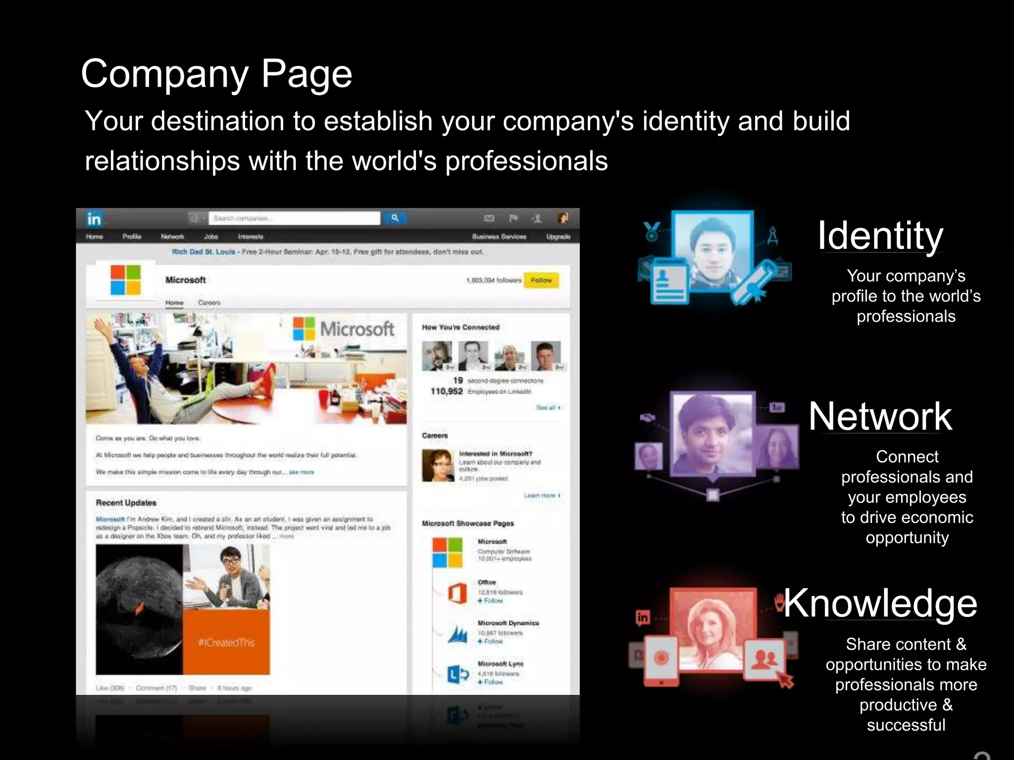 Company Page
Your destination to establish your company's identity and build
relationships with the world's professionals
Identity
Your company’s
profile to the world’s
professionals
Network
Connect
professionals and
your employees
to drive economic
opportunity
Knowledge
Share content &
opportunities to make
professionals more
productive &
successful
 