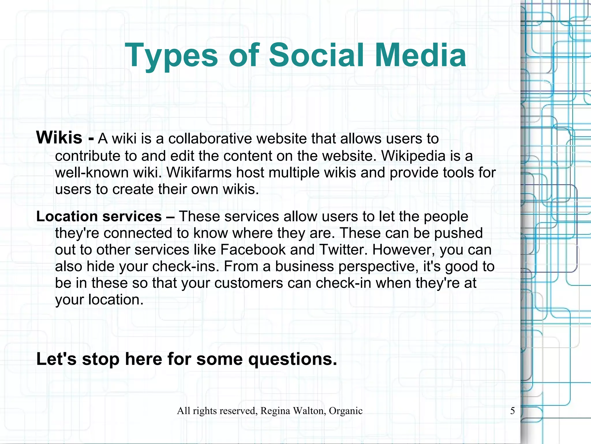 Types of Social Media Photo Sharing -  Photo sharing sites allow users to upload and post their photographs online to share them with other users or to post on websites and blogs. 