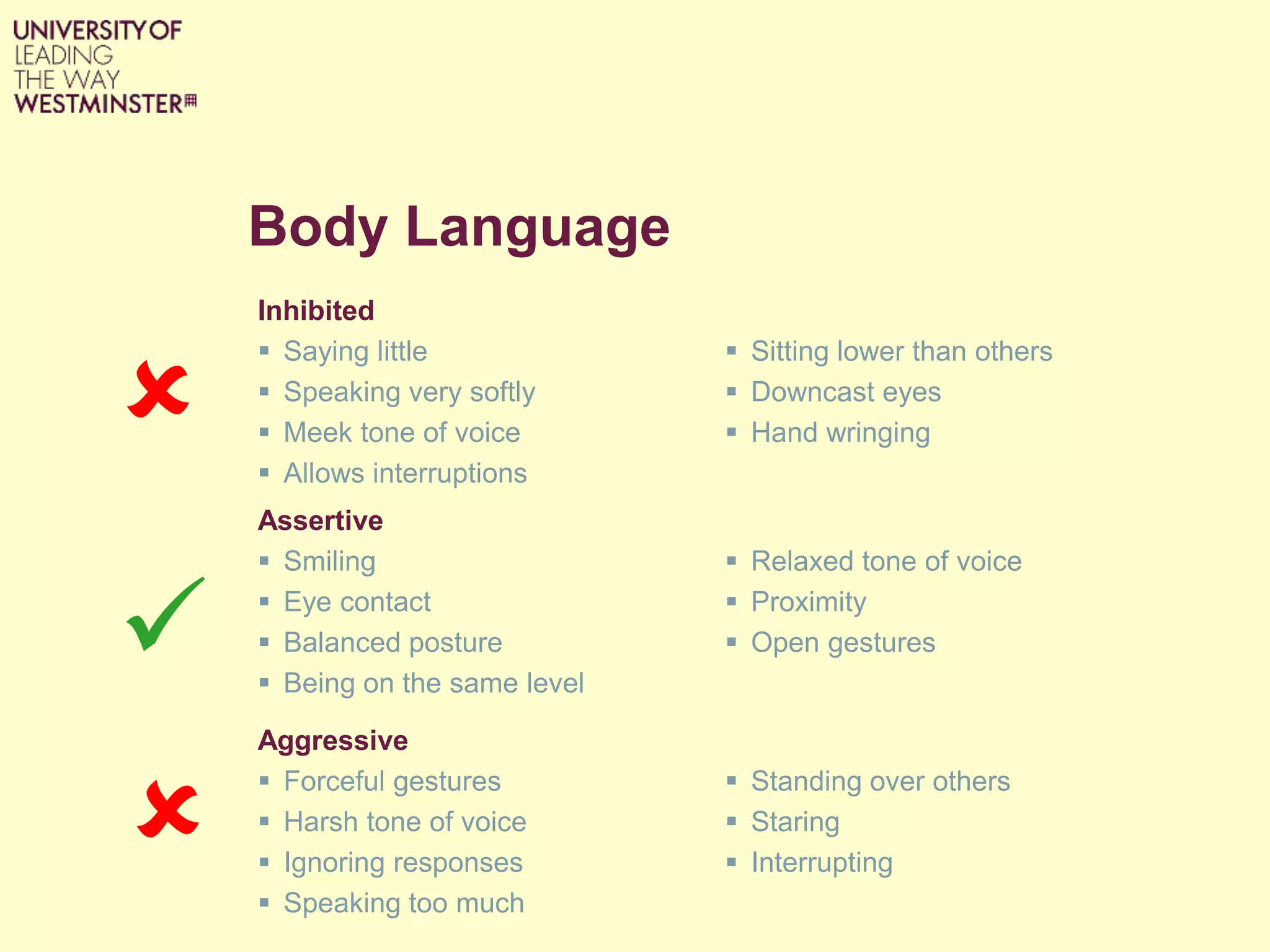 Body Language
Inhibited
 Saying little
 Speaking very softly
 Meek tone of voice
 Allows interruptions
 Sitting lower than others
 Downcast eyes
 Hand wringing
Assertive
 Smiling
 Eye contact
 Balanced posture
 Being on the same level
 Relaxed tone of voice
 Proximity
 Open gestures
Aggressive
 Forceful gestures
 Harsh tone of voice
 Ignoring responses
 Speaking too much
 Standing over others
 Staring
 Interrupting



 