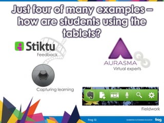 Just four of many examples –
how are students using the
tablets?
Feedback
Virtual experts
Capturing learning
Fieldwork
 