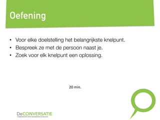 Oefening
•  Voor elke doelstelling het belangrijkste knelpunt.
•  Bespreek ze met de persoon naast je.
•  Zoek voor elk knelpunt een oplossing.
20	
  min.	
  
 