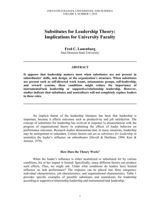 FOCUS ON COLLEGES, UNIVERSITIES, AND SCHOOLS
                             VOLUME 4, NUMBER 1, 2010




                 Substitutes for Leadership Theory:
                 Implications for University Faculty

                                 Fred C. Lunenburg
                              Sam Houston State University

________________________________________________________________________

                                       ABSTRACT

It appears that leadership matters most when substitutes are not present in
subordinates’ skills, task design, or the organization’s structure. When substitutes
are present such as self-directed work teams, autonomous groups, self-leadership,
and reward systems, these conditions might reduce the importance of
instrumental/task leadership or supportive/relationship leadership. However,
studies indicate that substitutes and neutralizers will not completely replace leaders
in these roles.
________________________________________________________________________



        An implicit theme of the leadership literature has been that leadership is
important, because it affects outcomes such as productivity and job satisfaction. The
concept of substitutes for leadership has evolved in response to dissatisfaction with the
progress of organizational theory in explaining the effects of leader behavior on
performance outcomes. Research studies demonstrate that, in many situations, leadership
may be unimportant or redundant. Certain factors can act as substitutes for leadership or
neutralize the leader’s influence on subordinates (Hovell & Dorfman, 1986; Kerr &
Jermier, 1978).


                              How Does the Theory Work?

       When the leader’s influence is either neutralized or substituted for by various
conditions, his or her impact is limited. Specifically, many different factors can produce
such effects. Thus, we might ask: Under what conditions do leaders have limited
influence on task performance? The response can be placed into three categories:
individual characteristics, job characteristics, and organizational characteristics. Table 1
provides specific examples of possible substitutes and neutralizers for leadership
according to supportive/relationship leadership and instrumental/task leadership.



                                             1
 