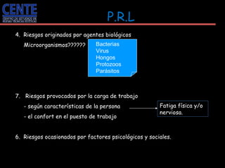 P.R.L <ul><li>4.  Riesgos originados por agentes biológicos </li></ul><ul><li>Microorganismos?????? </li></ul><ul><li>Ries...