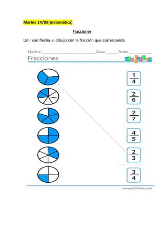 Martes 14/09(matemática)
Fracciones
Unir con flecha el dibujo con la fracción que corresponda
 