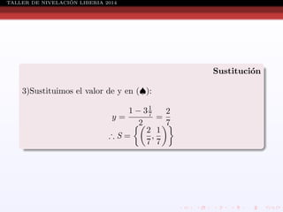 ´
TALLER DE NIVELACION LIBERIA 2014

Sustituci´n
o
3)Sustituimos el valor de y en (♠):
1 − 31
2
7
=
2
7
2 1
,
∴S=
7 7
y=

 