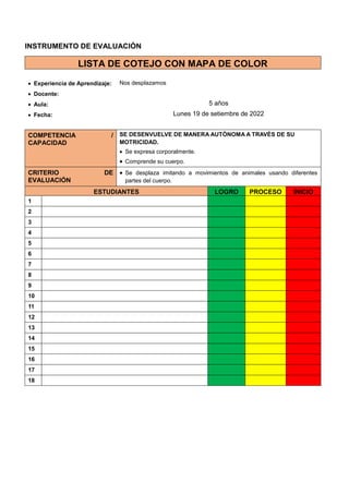INSTRUMENTO DE EVALUACIÓN
LISTA DE COTEJO CON MAPA DE COLOR
 Experiencia de Aprendizaje: Nos desplazamos
 Docente:
 Aula: 5 años
 Fecha: Lunes 19 de setiembre de 2022
COMPETENCIA /
CAPACIDAD
SE DESENVUELVE DE MANERA AUTÒNOMA A TRAVÈS DE SU
MOTRICIDAD.
 Se expresa corporalmente.
 Comprende su cuerpo.
CRITERIO DE
EVALUACIÓN
 Se desplaza imitando a movimientos de animales usando diferentes
partes del cuerpo.
ESTUDIANTES LOGRO PROCESO INICIO
1
2
3
4
5
6
7
8
9
10
11
12
13
14
15
16
17
18
 