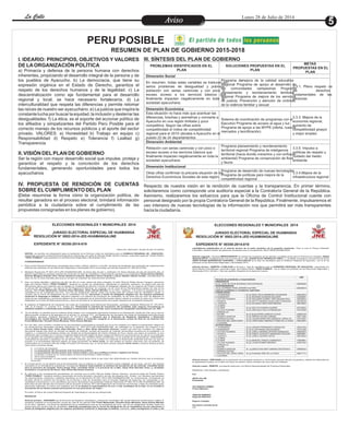 EntretenimientoEntretenimientoEntretenimientoEntretenimientoEntretenimientoEntretenimientoAvisoAvisoLa CalleLa CalleLa CalleLa Calle Lunes 28 de Julio de 2014
I. IDEARIO: PRINCIPIOS, OBJETIVOS Y VALORES
DE LAORGANIZACIÓN POLÍTICA
a) Primacía y defensa de la persona humana con derechos
inherentes, propiciando el desarrollo integral de la persona y de
los pueblos de Ayacucho. b) La democracia, que tiene su
expresión orgánica en el Estado de Derecho, garantiza el
respeto de los derechos humanos y de la legalidad. c) La
descentralización como eje fundamental para el desarrollo
regional y local, se hace necesario fortalecería. d) La
interculturalidad que respeta las diferencias y permite retomar
las raíces de nuestro ser ayacuchano. e) La justicia que inspira la
constante lucha por buscar la equidad, la inclusión y desterrar las
desigualdades. f) La ética, es el soporte del accionar político de
los afiliados y simpatizantes del Partido Perú Posible para el
correcto manejo de los recursos públicos y el aporte del sector
privado. VALORES: a) Honestidad b) Trabajo en equipo c)
Responsabilidad d) Respeto e) Tolerancia f) Lealtad g)
Transparencia
II. VISIÓN DELPLAN DE GOBIERNO
Ser la región con mayor desarrollo social que impulse, proteja y
garantice el respeto y la concreción de los derechos
fundamentales, generando oportunidades para todos los
ayacuchanos
IV. PROPUESTA DE RENDICIÓN DE CUENTAS
SOBRE ELCUMPLIMIENTO DELPLAN
(Debe resumirse la forma cómo la organización política, de
resultar ganadora en el proceso electoral, brindará información
periódica a la ciudadanía sobre el cumplimiento de las
propuestas consignadas en los planes de gobierno).
PROBLEMAS IDENTIFICADOS EN EL
PLAN
SOLUCIONES PROPUESTAS EN EL
PLAN
METAS
PROPUESTAS EN EL
PLAN
Dimensión Social
En resumen, todas estas variables se traducen en
serios problemas de desigualdad y pobreza,
población con serias carencias y con poco o
escaso acceso a los servicios básicos que
finalmente impactan negativamente en toda la
sociedad ayacuchana.
Programa demejora de la calidad educativa
Regional Programa de apoyo al desarrollo de
las comunidades campesinas Programa
planeamiento y reordenamiento territorial
regional Programa de mejora de los servicios
de justicia. Prevención y atención de víctimas
de la violencia familiar y sexual
3.3.1. Pleno respeto de
los derechos
fundamentales de las
personas
Dimensión Económica
Esta situación no hace más que acentuar las
diferencias, brechas y asimetrías y convierte a
Ayacucho en una región limitada y poco
competitiva. Según las cifras sobre
competitividad el índice de competitividad
regional para el 2010 ubicaba a Ayacucho en el
puesto 22 de 24 departamentos
Sistema de coordinación de programas con el
Ejecutivo Programa de acceso al agua y luz
Programa de apoyo a las MYPE (oferta, nuevos
mercados y tecnificación)
3.3.3. Mejora de la
economía regional,
aumento de
competitividad ymayor
y mejor empleo
Dimensión Ambiental
Población con serias carencias y con poco o
escaso acceso a los servicios básicos que
finalmente impactan negativamente en toda la
sociedad ayacuchana
Programa planeamiento y reordenamiento
territorial regional Programa de inteligencia
territorial (hacia donde crecemos y con enfoque
ambiental) Programa de conservación de flora
y fauna
3.3.5. Impulso a
políticas de respeto y
cuidado del medio
ambiente
Dimensión Institucional
Otras cifras confirman la precaria situación de los
Derechos Económicos Sociales de esta región.
Programa de desarrollo de nuevas tecnologías
Programa de políticas para mejora de la
competitividad regional
3.3.4.Mejora de la
infraestructura regional
Respecto de nuestra visión en la rendición de cuentas y la transparencia. En primer término,
solicitaremos como corresponde una auditoría especial a la Contraloría General de la República.
Asimismo, realizaremos los esfuerzos para que la Oficina de Control Institucional cuente con
personal designado por la propia Contraloría General de la República. Finalmente, impulsaremos el
uso intensivo de nuevas tecnologías de la información nos que permitirá ser más transparentes
hacia la ciudadanía.
III. SÍNTESIS DEL PLAN DE GOBIERNO
RESUMEN DE PLAN DE GOBIERNO 2015-2018
PERU POSIBLE
Ayacucho, diecinueve de julio de dos mil catorce
VISTOS los escritos de subsanación para la inscripción de la fórmula y lista de candidatos para el CONSEJO REGIONAL DE AYACUCHO ,
presentada ante este Jurado Electoral Especial de Huamanga, por parte de Rómulo Walter Gómez Carrasco, personero legal del Partido Político
“PERU POSIBLE”, para participar en las Elecciones Regionales y Municipales 2014.
CONSIDERANDOS
1. Este Jurado Electoral Especial es competente para recibir, calificar, publicar, e inscribir las listas de candidatos que presenten las organizaciones
políticas que participen en las Elecciones Regionales y Municipales 2014 convocadas por Decreto Supremo N° 009-2014-PCM.
2. Mediante Resolución Nº 0001-2014-JEE-HUAMANGA/JNE, de fecha diez de julio y notificado con fecha dieciséis de julio del presente año, se
declaró inadmisible la presente solicitud de inscripción de lista de candidatos e improcedente respecto a los candidatos Yadina Zamora Bellido,
Dolores Milagros Huamán Viña, Homar Sandoval Huamán, Marcelino Oscco Huamán y Oscar Obdulio Galván Oviedo, concediéndose el
plazo de dos (2) días naturales para que se cumpla con subsanar las observaciones advertidas.
3. Que, con fecha dieciséis y dieciocho de julio del año en curso, dentro del plazo otorgado, el señor Rómulo Walter Gómez Carrasco, personero
legal del Partido Político “PERU POSIBLE”, presentó su escrito de subsanación, adjuntando lo solicitado; asimismo, se verifica del acta de
democracia interna que adjuntan que se designó la modalidad de elección a través de delegados elegidos por los órganos del Partido conforme
al artículo 99º del Estatuto y del artículo 63 del Reglamento Electoral; sin embargo, es de verse de las Declaraciones juradas de vida de los
señores: Flor Prado Maldonado, Graciela Sulca Mendoza, Vilma Gómez Méndez, en el rubro I respecto a la forma de designación de su
candidatura se ha consignado por error que fue por designación directa, hasta una quinta parte del número total de candidatos; siendo, lo
correcto que la forma de designación de su candidatura fue por elecciones a través de delegados elegidos por los órganos partidarios
conforme lo disponga el estatuto. Asimismo respecto a la solicitud de inscripción de candidatos, es de verse que por error de digitación el
orden de las candidaturas y provincias difieren de los consignados en el Acta de Democracia Interna; siendo lo correcto el orde n tal y como está
establecido en el Acta de Democracia Interna y como es de verse en el artículo tercero de la parte resolutiva de la presente resolución.
4. Al respecto el Reglamento de Inscripción de Listas de Candidatos para Elecciones Municipales, aprobado mediante Resolución N° 272-2014-
JNE, en el artículo 14, numeral 14.2., señala que “Presentada la solicitud de inscripción del candidato, bajo ninguna circunstancia se
admitirán pedidos o solicitudes para modificar la Declaración Jurada de Vida, salvo anotaciones marginales autorizadas por los JEE”.
5. En tal sentido, se advierte que los señores antes citados, han consignado información errónea en su Declaración Jurada de Vida, por lo que se
debe proceder conforme a los dispuesto en el artículo 14, numeral 14.2., del Reglamento de Inscripción de Listas de Candidatos para Elecciones
Municipales, aprobado mediante Resolución N° 271-2014-JNE, y disponer que la Dirección de Registros, Estadística y Desarrollo
Tecnológico del Jurado Nacional de Elecciones, realice la anotación marginal en la Declaración Jurada de Vida de los señores Flor
Prado Maldonado, Graciela Sulca Mendoza, Vilma Gómez Méndez.
6. Por otro lado, de la revisión y análisis de la documentación presentada se advierte que no se ha cumplido con realizar la subsanación integral de
las observaciones efectuadas mediante Resolución N.° 0001-2014-JEE-HUAMANGA/JNE, las señaladas en el apartado viii) respecto a los
señores Diana Araujo Soto, César Eliot Sierralta Tineo y Uber Efrain Barrientos Guevara; puesto que sólo han cumplido con adjuntar
documento simple cuyo tenor es contrato de alquiler de vivienda, contrato de locación de vivienda, documentos suscritos por el propietario y el
inquilino; y, constancia domiciliaria emitido por alcalde de la Municipalidad del Centro Poblado de Anco; siendo que estos do cumentos no son
suficientes para acreditar por sí mismo el requisito legal electoral exigido de tener residencia efectiva en la provincia por la cual se va a participar
en el supuesto de consejeros regionales. Ello por cuanto, que mediante dichos Certificados, no se acredita así la permanencia, habitualidad o
continuidad de domicilio o residencia. Es de advertir, entonces, que no se cumplió con subsanar la observación advertida toda que vez que de
acuerdo a la normatividad electoral vigente se exige documento de fecha cierta, en ese sentido es preciso mencionar que se entiende, de
conformidad con el artículo 245 del Código Procesal Civil Peruano que: un documento privado adquiere fecha cierta y produce eficacia jurídica
como tal en el proceso desde:
¾ La muerte del otorgante;
¾ La presentación del documento ante funcionario público;
¾ La presentación del documento ante notario público, para que certifique la fecha o legalice las firmas;
¾ La difusión a través de un medio público de fecha determinada o determinable; y
¾ Otros casos análogos.
¾ Excepcionalmente, el Juez puede considerar como fecha cierta la que haya sido determinada por medios técnicos que le produzcan
convicción.
7. En consecuencia, es de advertir que la documentación que se adjunta no causa convicción a éste colegiado; es así pues, que por las razones
expuestas en el considerando precedente, corresponde declarar improcedente la solicitud de inscripción de los señores: candidata titular
para la provincia de Cangallo, Diana Araujo Soto; candidato titular a la provincia de La Mar, César Eliot Sierralta Tineo; y, candidato
accesitario a la provincia de Sucre, Uber Efraín Barrientos Guevara.
8. En atención a los considerandos precedentes, se concluye que el señor Rómulo Walter Gómez Carrasco, personero legal del Partido Político
“PERÙ POSIBLE”, mediante escritos presentados de fecha dieciséis y dieciocho de julio del presente año, cumple con subsanar parcialmente
las observaciones, omisiones y defectos advertidos en la Resolución Nº 0001-2014-JEE-HUAMANGA/JNE; en consecuencia, corresponde se
proceda admitir la solicitud de inscripción de la fórmula y lista de candidatos para el Consejo Regional de Ayacucho, sin comprender a los
candidatos mencionados y a los candidatos que fueron declarados improcedentes mediante Resolución Nº 0001-2014-JEE-HUAMANGA/JNE, de
fecha diez de julio del año dos mil catorce; ello de acuerdo al Artículo 30º.2 del Reglamento de inscripción de fórmulas y listas de candidatos para
elecciones regionales, el mismo que establece que si se declara la improcedencia de uno o más candidatos de la lista, no se invalida la
inscripción de los demás quienes permanecen en sus posiciones de origen. ,
Por tanto, el Pleno del Jurado Electoral Especial de Huamanga en uso de sus atribuciones,
RESUELVE
Artículo primero.- DISPONER que la Dirección de Registros, Estadística y Desarrollo Tecnológico del Jurado Nacional de Elecciones, realice la
anotación marginal en la Declaración Jurada de Vida de los señores Flor Prado Maldonado, Graciela Sulca Mendoza, Vilma Gómez Méndez
en el rubro I respecto a la forma de designación de su candidatura pues se ha consignado por error que fue por designación directa, hasta una
quinta parte del número total de candidatos; debiendo consignarse que la forma de designación de su candidatura fue por elecciones a
través de delegados elegidos por los órganos partidarios conforme lo disponga el estatuto. Asimismo, debe consignarse el orden y las
ELECCIONES REGIONALES Y MUNICIPALES 2014
JURADO ELECTORAL ESPECIAL DE HUAMANGA
RESOLUCIÓN N° 0002-2014-JEE-HUAMANGA/JNE
EXPEDIENTE N° 00350-2014-019
candidaturas establecidas en el artículo tercero de la parte resolutiva de la presente resolución. Para lo cual el Técnico Asistente
Informático, deberá realizar las gestiones necesarias para su cumplimiento, BAJO RESPONSABILIDAD.
Artículo segundo.- Declarar IMPROCEDENTE la solicitud de inscripción de los señores: candidata titular para la Provincia de Cangallo, DIANA
ARAUJO SOTO, candidato titular a la provincia de La Mar CESAR ELIOT SIERRALTA TINEO ; y, candidato accesitario a la provincia de Sucre
UBER EFRAIN BARRIENTOS GUEVARA; y EXCLUIRLOS de la lista de candidatos para el Gobierno Regional de Ayacucho, con el fin de
participar en las Elecciones Regionales y Municipales 2014.
Artículo tercero.- ADMITIR y PUBLICAR la fórmula y lista de candidatos para el GOBIERNO REGIONAL DE AYACUCHO , presentada por
Henri Alfonso Chiri Márquez, personero legal del Partido Político “PERÙ POSIBLE”, con el objeto de participar en las Elecciones Regionales y
Municipales 2014, fórmula y lista que quedará integrada de la siguiente manera:
DNI
Fórmula de presidente y vicepresidente
PRESIDENTE
Sr.(a) JUAN DE DIOS RODRIGO PAZ ESPINOZA 09998369
VICEPRESIDENTE
Sr.(a) ALFREDO FIDEL MARIÑO ALFARO 28308618
Lista de candidatos a consejeros regionales
CONSEJEROS
1. HUAMANGA Sr.(a) RAUL FELIX BARBOZA CALDERON 28205403
2.HUAMANGA Sr.(a) ROXANA HUAMAN SALAZAR 43285687
1.VICTOR FAJARDO Sr.(a) ROLANDO DANIEL ORE MALMACEDA 28306643
1.HUANTA Sr.(a) KETTY MARIZA CAVALCANTI URQUIZO 08148729
2. HUANTA Sr.(a) SILVERIO AROTOMA MEDINA 28578932
1.LA MAR
2.LA MAR Sr.(a) KELITA HUAMAN QUISPE 46720254
1.VILCAS HUAMAN Sr.(a) GRACIELA SULCA MENDOZA 43375098
1.CANGALLO
1.SUCRE Sr.(a) ELEUTERIO GARCIA CUCHO 28480129
1.HUANCA SANCOS Sr.(a) PERSSI ACORI CABANA 28271584
1.PARINACOCHAS Sr.(a) CESAR DEMETRIO MENDIVIL PERALTA 07914087
1.PAUCAR DEL SARA SARA Sr.(a) CRISTOBAL AMERICO PEBE DE LA CRUZ 08230040
1.LUCANAS
ACCESITARIOS
1. HUAMANGA Sr.(a) CESAR FERNANDEZ GONZALES 28303109
2.HUAMANGA Sr.(a) FLOR PRADO MALDONADO 70151206
1.VICTOR FAJARDO Sr.(a) CIRILO MARINO APONTE ENRIQUEZ 29094632
1.HUANTA Sr.(a) PABLO AUGUSTO MARQUEZ PAUCAR 28560861
2. HUANTA Sr.(a) CIRILO QUISPE ORTIZ 28579029
1.LA MAR
2.LA MAR Sr.(a) MANUEL PRADO CARRASCO 70689881
1.VILCAS HUAMAN Sr.(a) VILMA GOMEZ MENDEZ 44461440
1.CANGALLO
1.SUCRE
1.HUANCA SANCOS Sr. (a)JESUS WALTER CABANA OSCATEGUI 29089334
1.PARINACOCHAS
1.PAUCAR DEL SARA SARA Sr.(a) SUSANA ORE DE LA CRUZ 28977712
1.LUCANAS
Artículo tercero.- PRECISAR que la publicación de la presente resolución y del formato resumen del plan de gobierno, deberá ser efectuada por
la organización política, en el diario de mayor circulación, dentro del plazo de cinco días de notificada.
Artículo cuarto.- REMITIR la presente resolución a la Oficina Descentralizada de Procesos Electorales.
Regístrese, comuníquese y publíquese.
S.S.
ARCE VILLAR
Presidente
VELÁSQUEZ GÓMEZ
Primer Miembro
TAMATA RAMIREZ
Segundo Miembro
Elguera Carbajal
Secretaria Jurisdiccional
AJ5
ELECCIONES REGIONALES Y MUNICIPALES 2014
JURADO ELECTORAL ESPECIAL DE HUAMANGA
RESOLUCIÓN N° 0002-2014-JEE-HUAMANGA/JNE
EXPEDIENTE N° 00350-2014-019
 