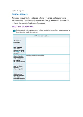 Martes 30 de junio
CIENCIAS SOCIALES
Teniendo en cuenta los textos de celeste y rolando realiza una breve
descripción de c...